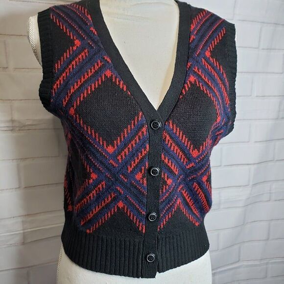 Vintage Style Black V Neck Knit Sweater Button Vest womens S Cropped Diamond - Picture 2 of 6